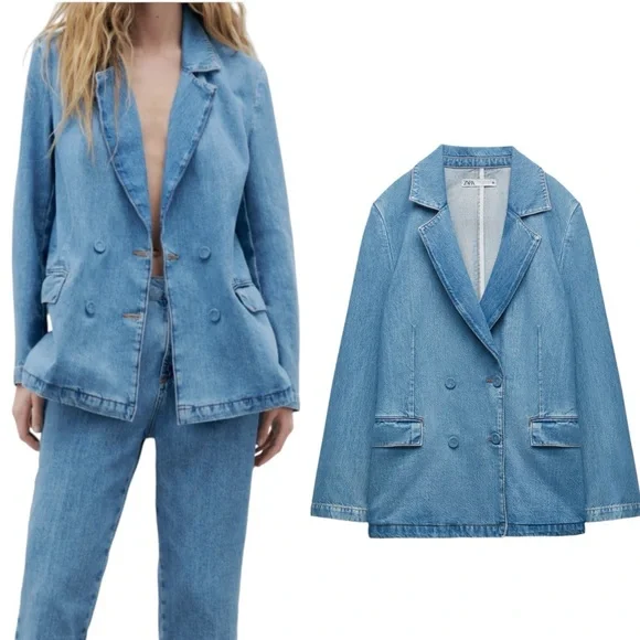 ZARA Denim Double Breasted Blazer Boxy Oversized Jacket Blue Women’s Siz… - Picture 17 of 17